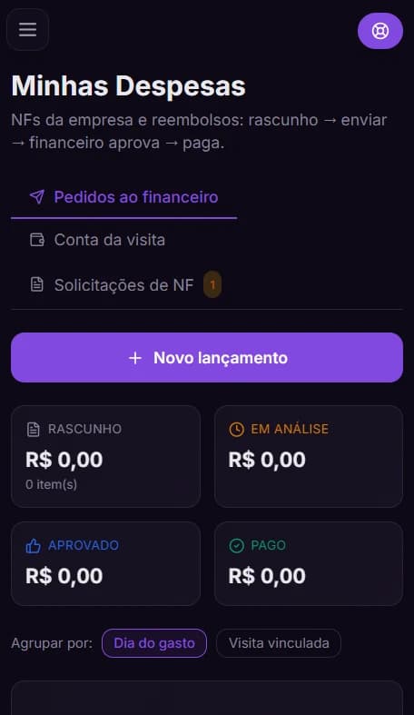 Minhas Despesas do Urânia Atlas mobile — pedidos ao financeiro com status rascunho, análise, aprovado, pago