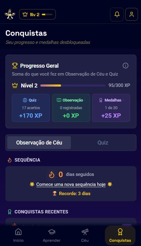Tela de Conquistas e perfil no Urânia Class mobile