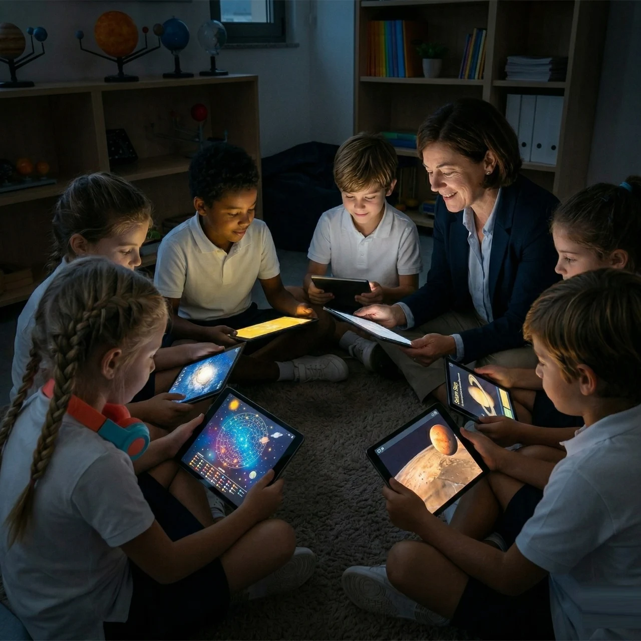 Crianças e professora numa instituição parceira da Urânia usando tablets com conteúdo astronômico