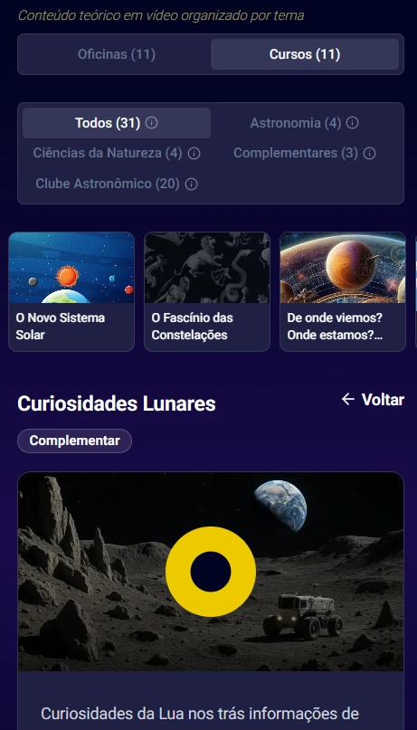 Detalhe de Cursos do Urânia Class mobile com 31 conteúdos filtráveis por trilha
