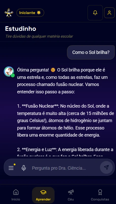 Estudinho IA conversacional no Urânia Class mobile