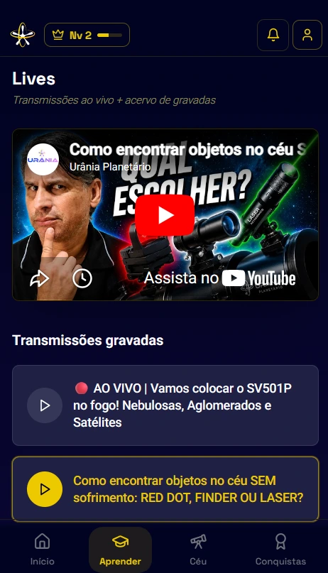 Tela Lives do Urânia Class mobile com transmissão ao vivo e lista de gravações